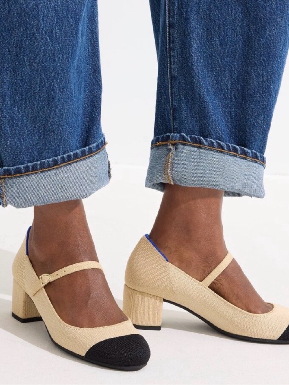 Rothy's Beige Knit Mary Jane with Black Toe and Blue Trim Block Heel - Picture 2 of 2